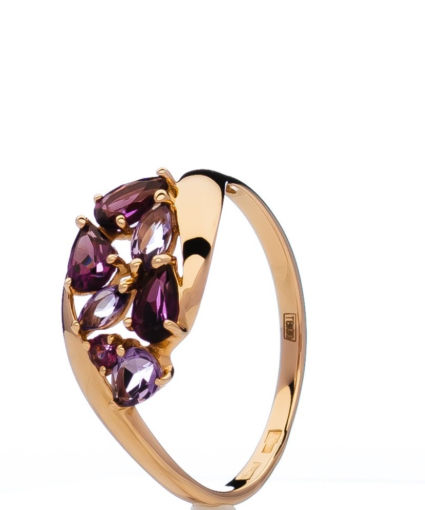 Auksinis žiedas su ametistais ir rodolitais - Auksiniai žiedai - Goldinga