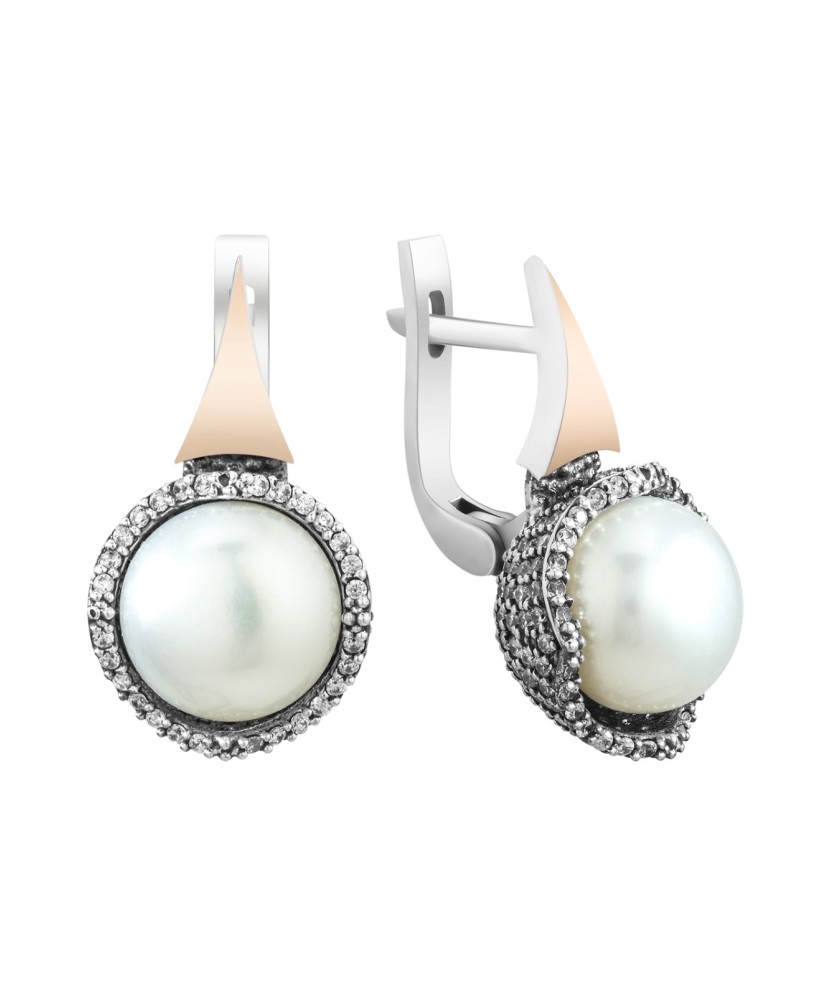 Apzeltīti sudraba auskari ar pērli un cirkonijiem - auskari ar pērlēm - Goldinga