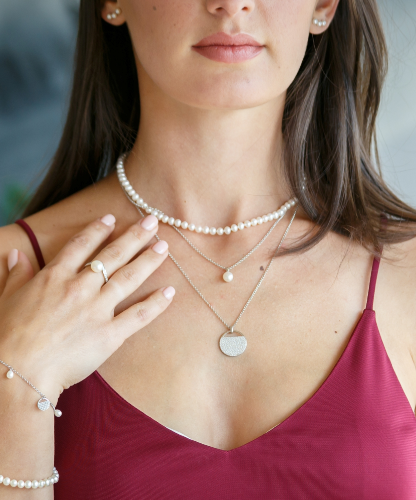 Sudraba ķēdīte ar pērli un cirkonijiem - Pērļu kaklarotas - Goldinga