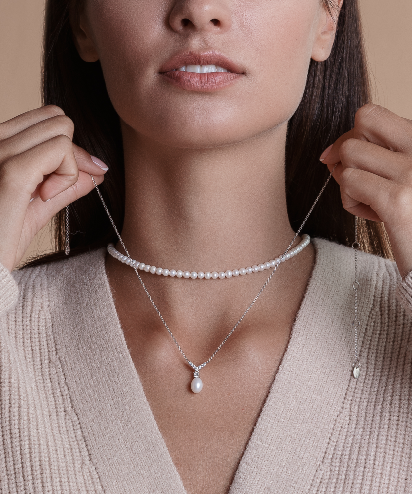 Apzeltīta sudraba ķēdīte ar pērli ar cirkonijiem - Pērļu kaklarotas - Goldinga