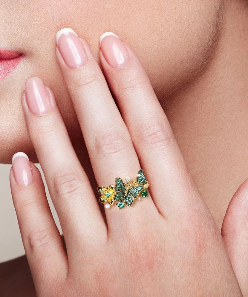 Apzeltīts sudraba gredzens ar cirkonijiem "Tauriņi"