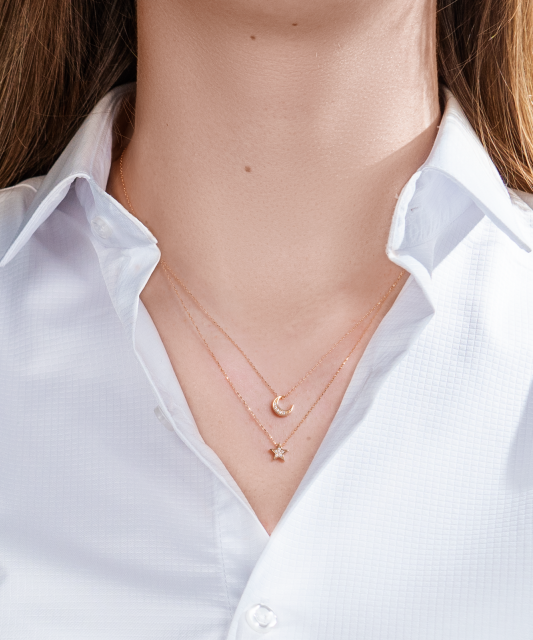 Dubultā zelta ķēdīte Ar Cirkonija Piekariņu "Täht ja kuu""