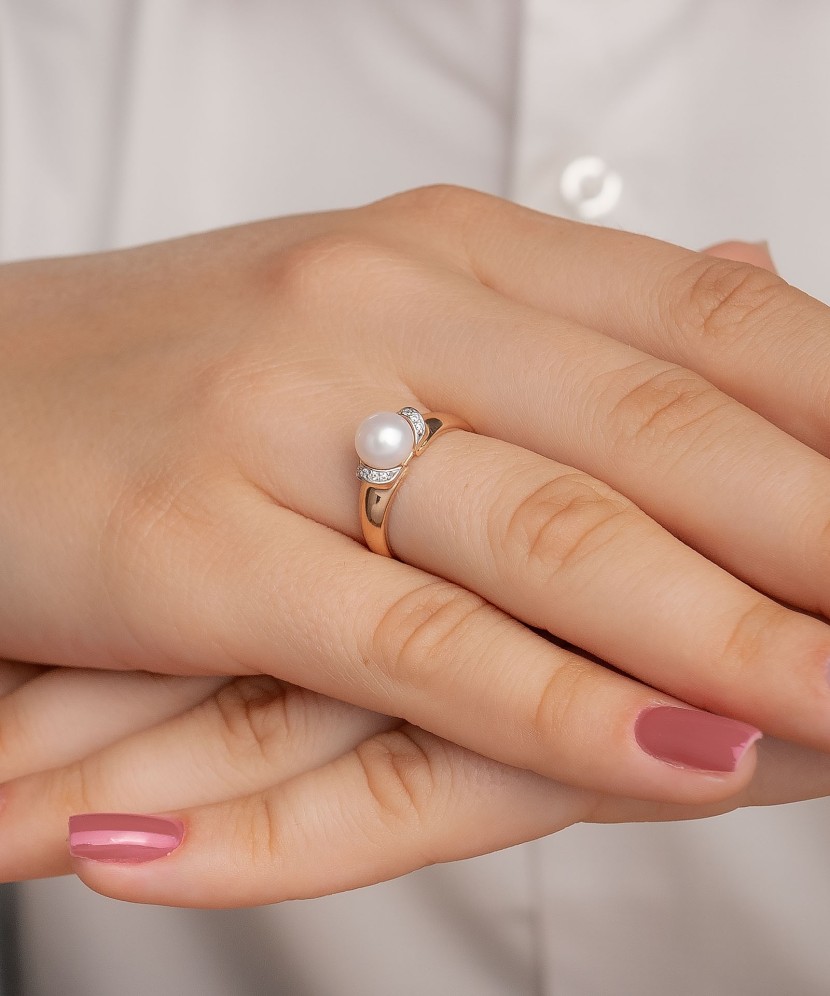 Zelta gredzens ar pērlēm un cirkonijiem - Goldinga