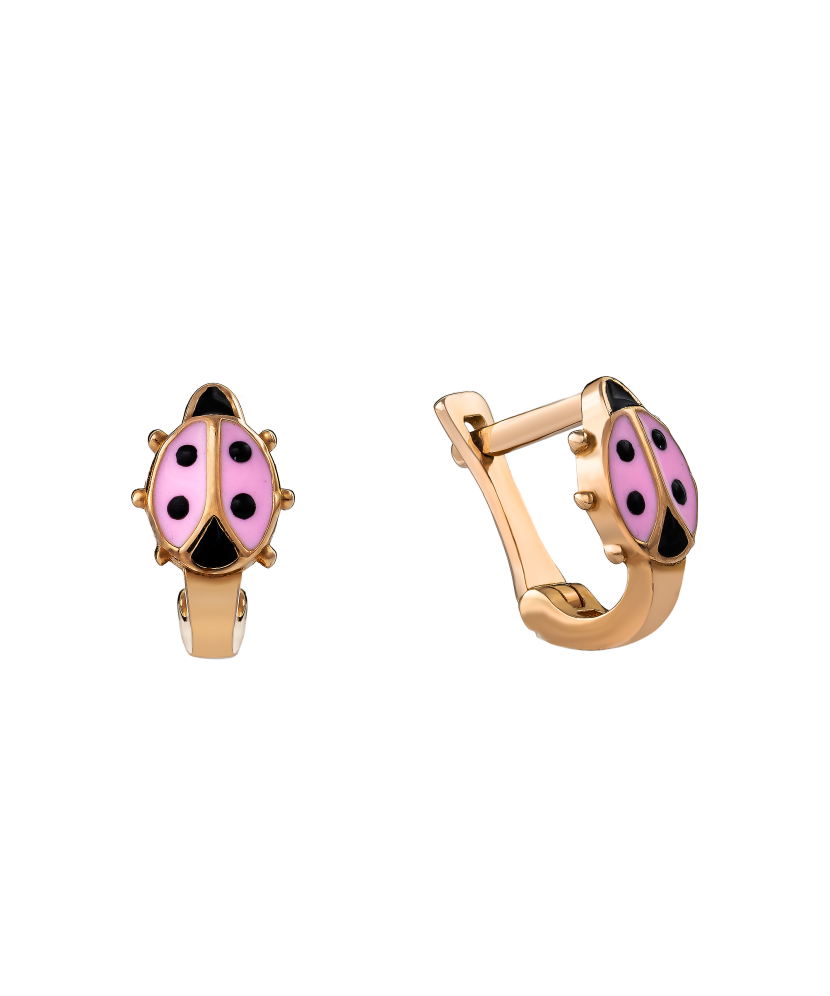 Детские Золотые серьги с эмалью "божья коровка"