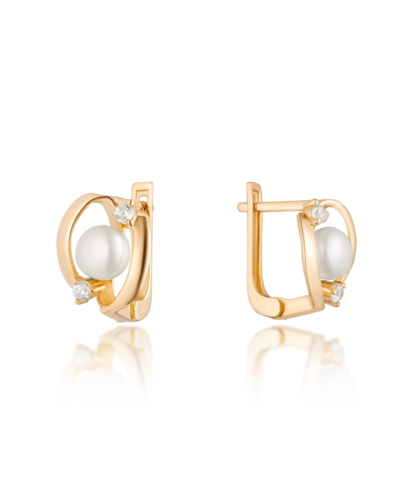 Золотые серьги с жемчугом и цирконами