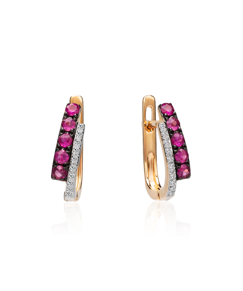 Золотые серьги с алмазами и рубинами