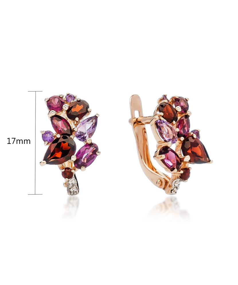 Золотые серьги с аметистами и родолитами