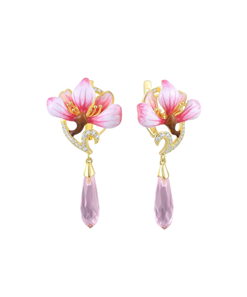 Серебряные позолоченные серьги с цирконом и эмаль