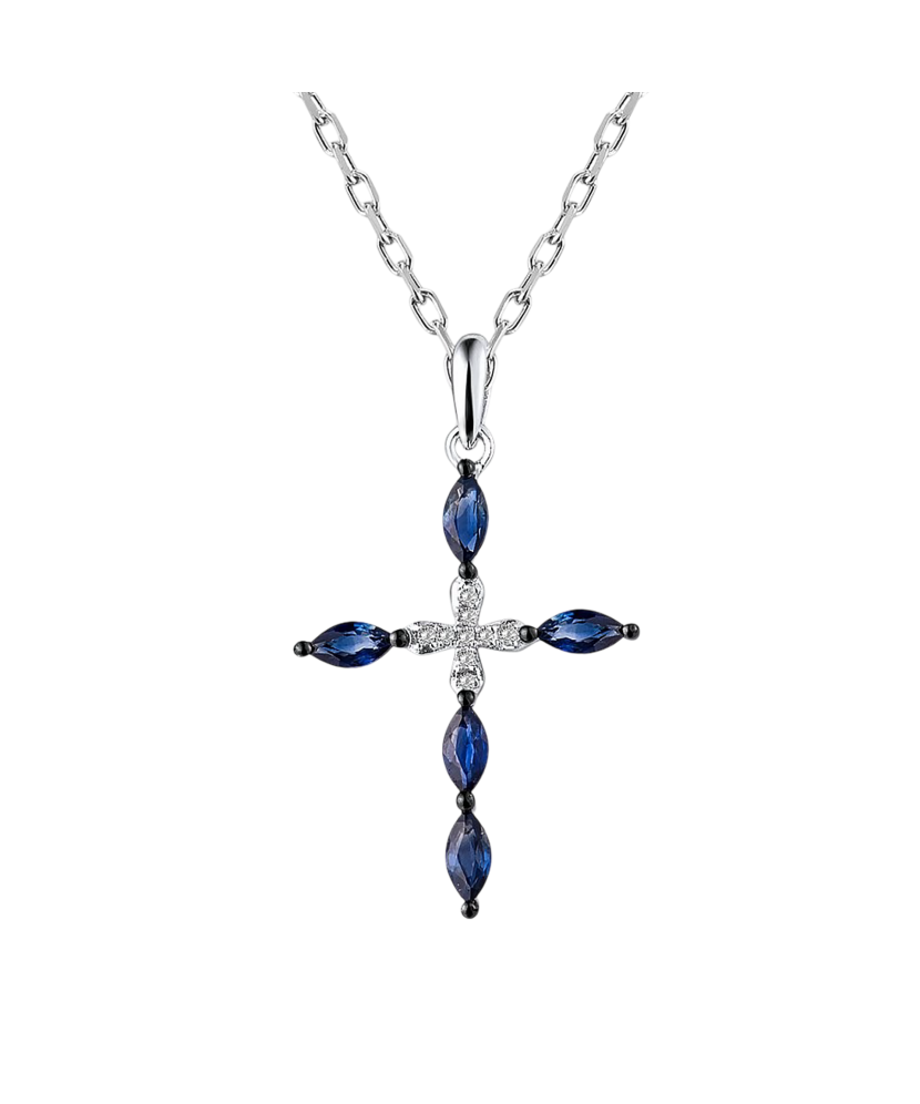 Baltā zelta kulons ar dimantiem un safīriem "Cross"