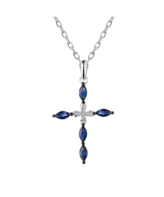 Baltā zelta kulons ar dimantiem un safīriem "Cross"