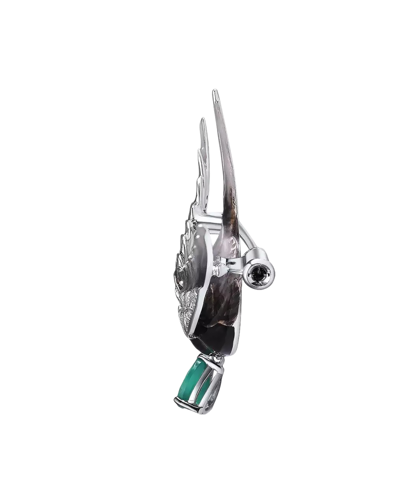 Брошь из серебра с агатом, эмальи фианитами "Птица"