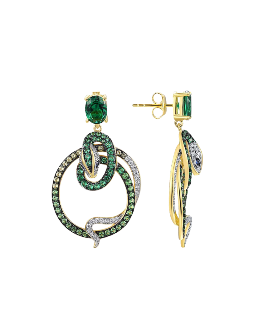 Серебряные позолоченные серьги со шпинелями и цирконами