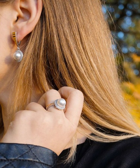 Apzeltīti sudraba auskari ar pērli un cirkonijiem