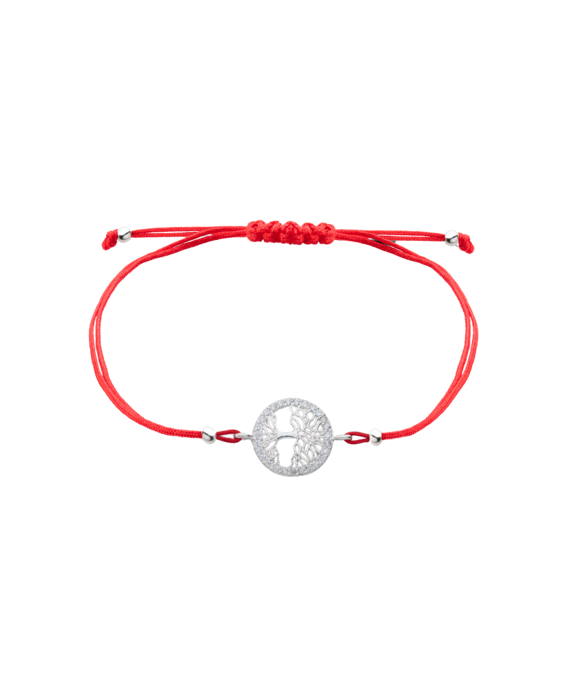 Sarkana diega rokassprādze ar sudraba piekariņu "Dzīvības koks"