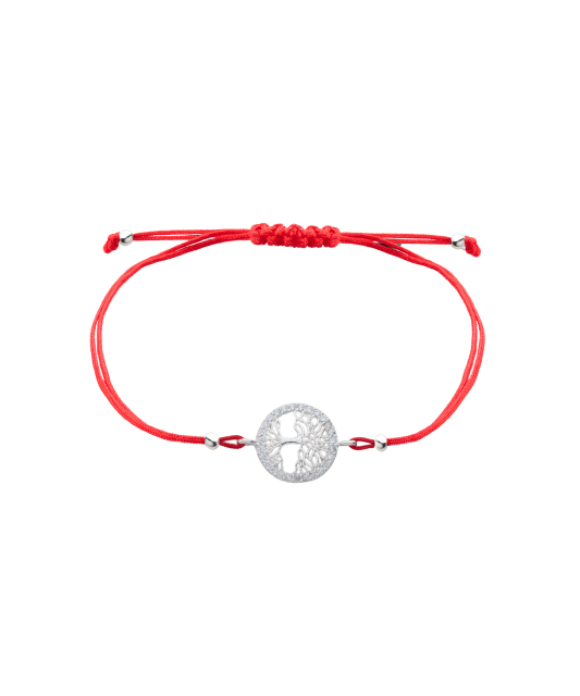 Sarkana diega rokassprādze ar sudraba piekariņu "Dzīvības koks"