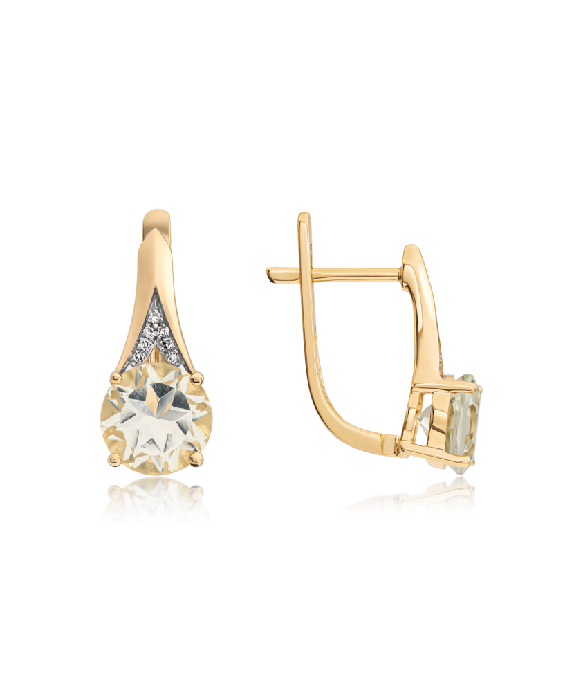 Dzeltena zelta auskari ar dimantiem un zaļu ametistu