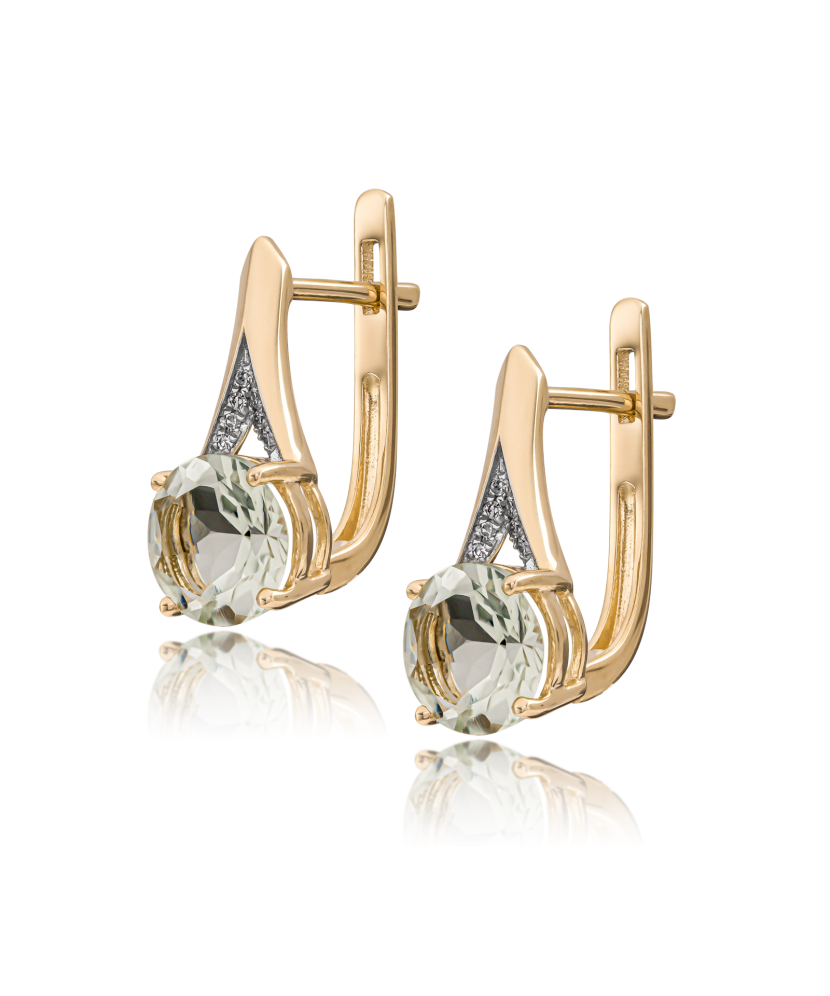 Dzeltena zelta auskari ar dimantiem un zaļu ametistu