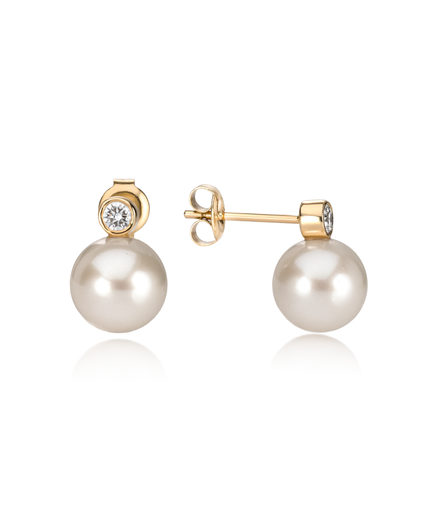 Dzeltenā zelta auskari ar dimantiem un pērlēm