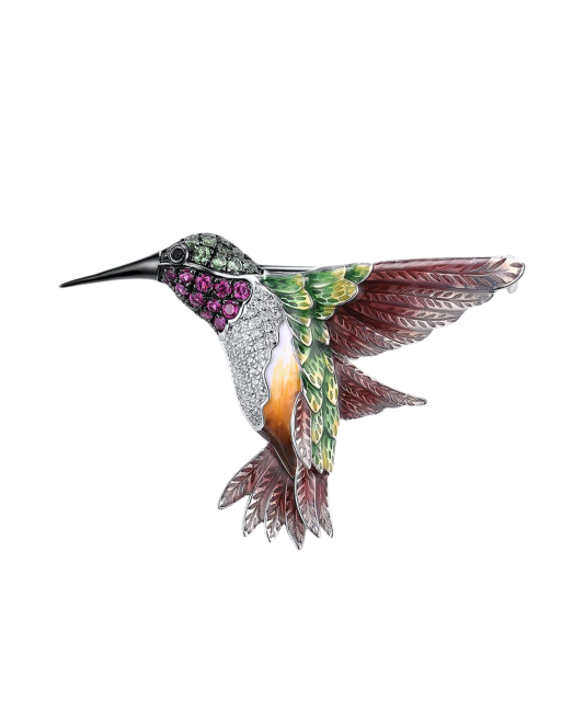 Apzeltīta sudraba piespraude ar nano rubīniem, emalju un cirkoniem