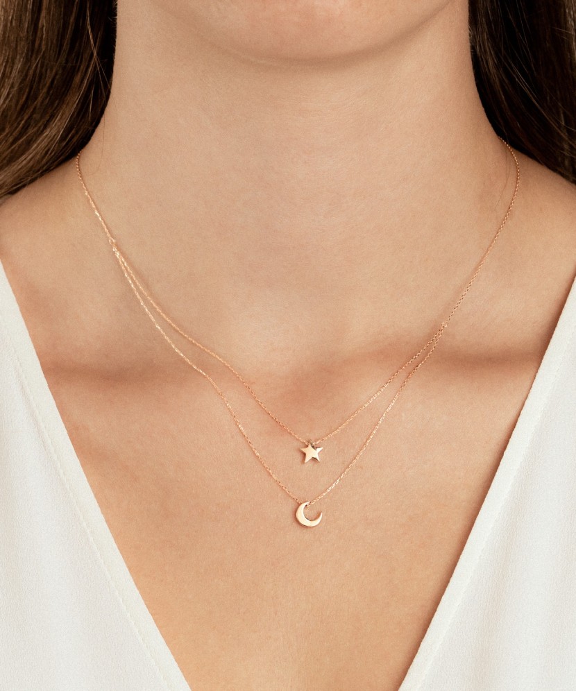 Dviguba auksinė grandinėlė su pakabukais "Žvaigždė ir mėnulis"  - G...