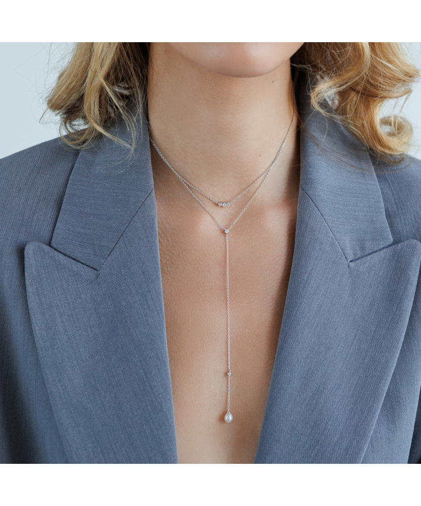 Sudraba ķēdīte ar pērļu piekariņu un cirkonijiem