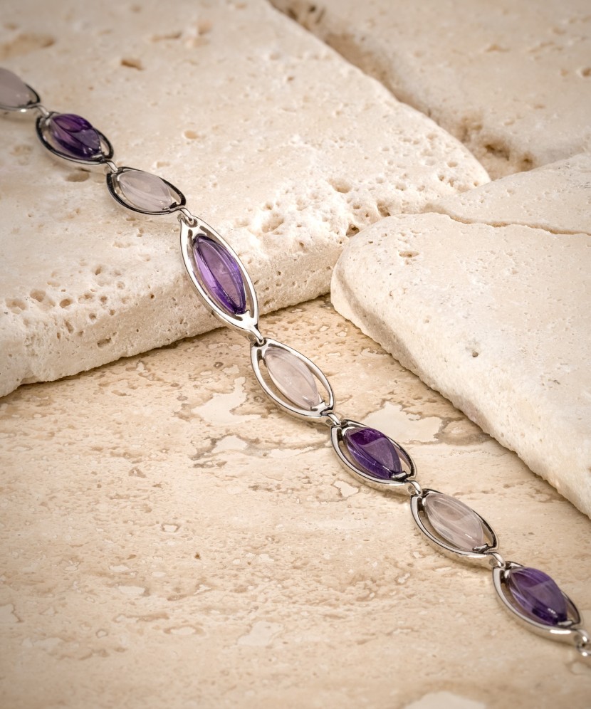Sudraba rokassprādze ar ametistiem un rozā kvarcu - Goldinga