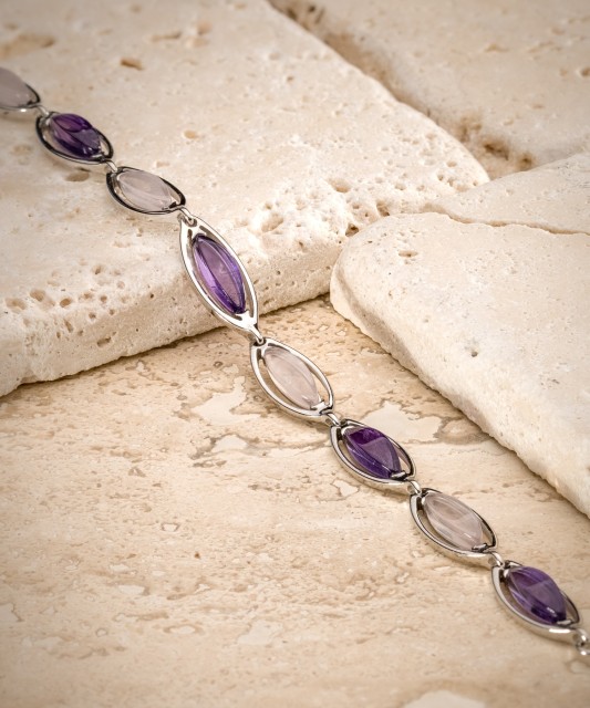 Sudraba rokassprādze ar ametistiem un rozā kvarcu - Goldinga