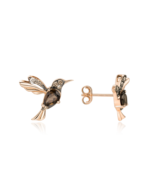 Zelta auskari ar dūmakainu kvarcu un dimantiem