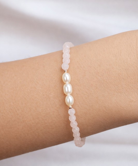 Браслет с розовыми кварцами и позолоченным серебром