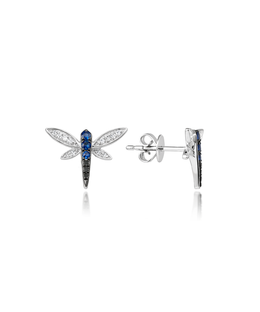 Серьги из белого золота с сапфирами, черными бриллиантами и бриллиантами.