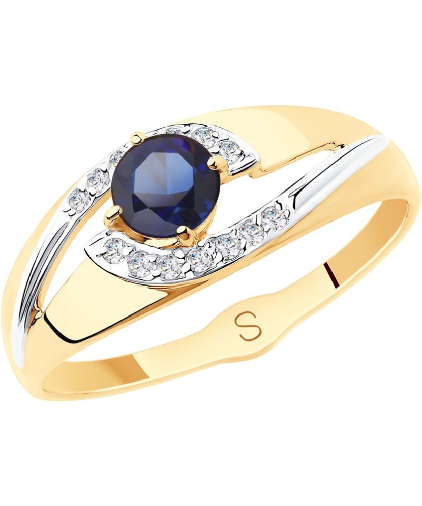 Auksinis žiedas su mėlynuoju korundu ir cirkoniais - Auksiniai žiedai - Goldinga