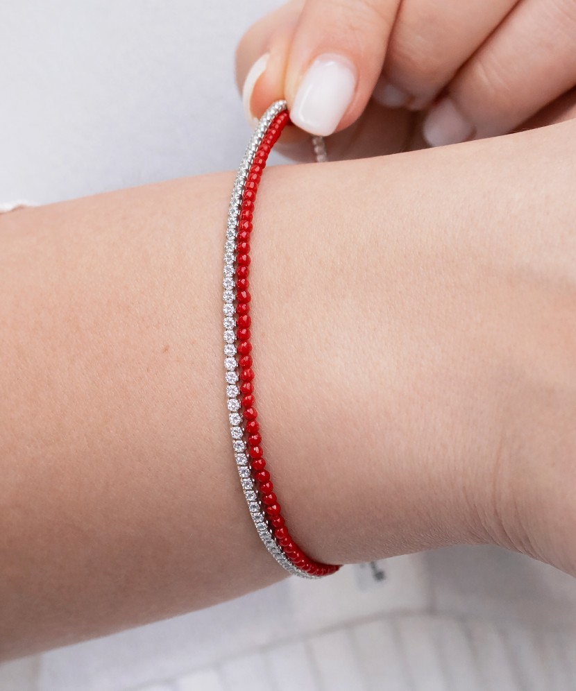 Koraļļu rokassprādze ar cirkoniem un sudrabu