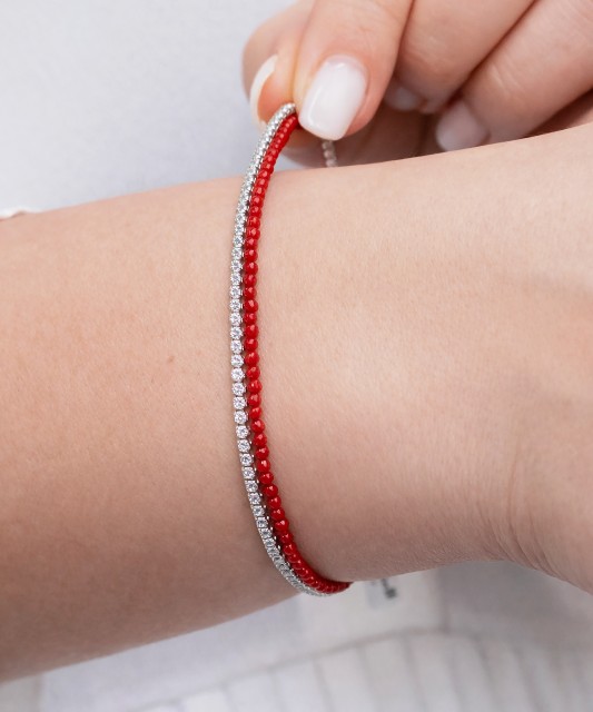 Koraļļu rokassprādze ar cirkoniem un sudrabu