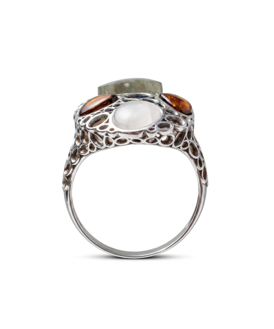 Sudraba gredzens ar dzintaru un labradorītu