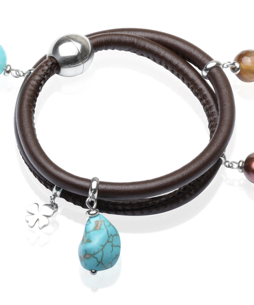 Mākslīgās ādas rokassprādze ar pērlēm un ahātu - pērļu rokassprādzes - Goldinga