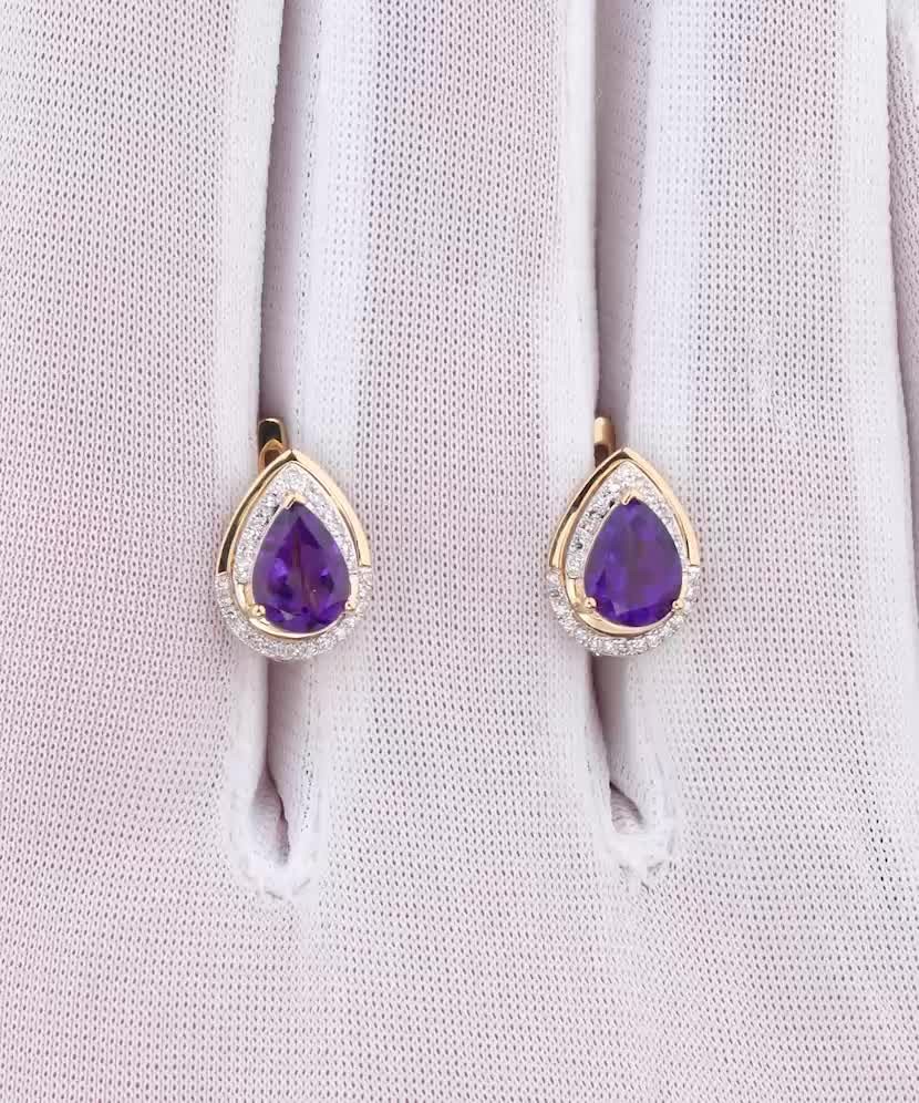 Dzeltena zelta auskari ar dimantiem un ametistiem