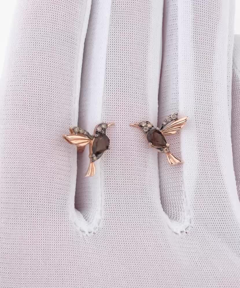 Zelta auskari ar dūmakainu kvarcu un dimantiem