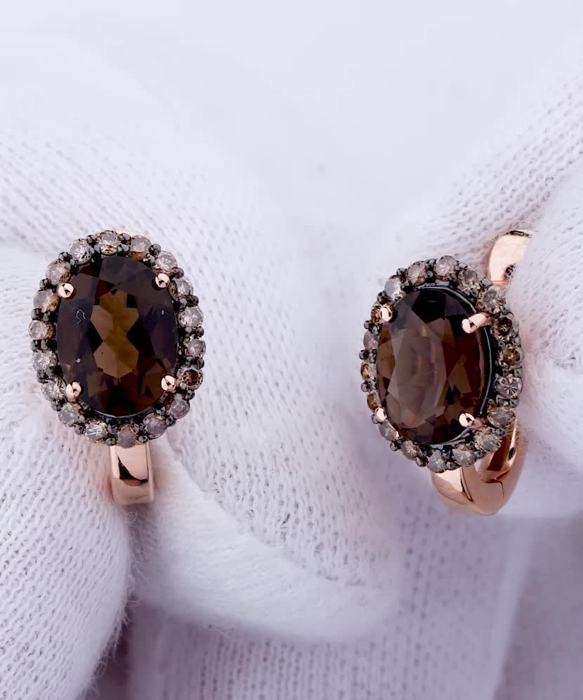Серьги из золота с бриллиантами и дымчатый кварц